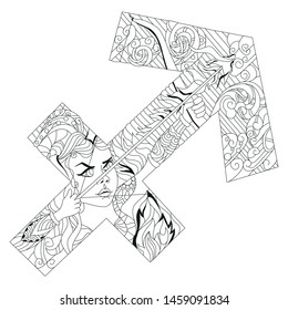 Sagittarius zodiac sign cute cartoon character retro zentangle stylized in vector for coloring