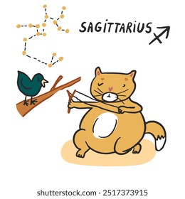 Sagittarius zodiac sign. Cute cartoon cat and bird.