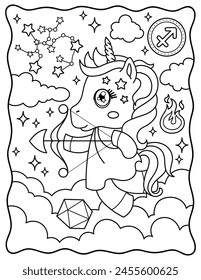 Signo del zodiaco Sagitario, lindo unicornio con arbalest y flechas, cupido. Kawaii. Lindos personajes. Dibujo para colorear, página, libro, Ilustración vectorial en blanco y negro.
