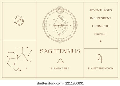 Sagittarius Zodiac Zeichendesign, Esoterisches abstraktes Logo, mystische spirituelle Symbole, Symbole. Astrologie, Mond und Sterne, Magische Esoterische Kunst.