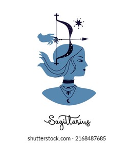 Signo Sagittarius zodiac. Silueta azul de mujer de un guerrero con arco y flecha. Ilustración vectorial de un signo astronómico con una niña aislada en un fondo blanco. Horoscopio zodiaco Sagittarius.