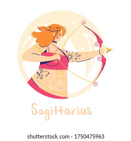 Sagittarius zodiac sign. Fire. Female character and element of ancient astrology. Modern flat style. Isolated on white background