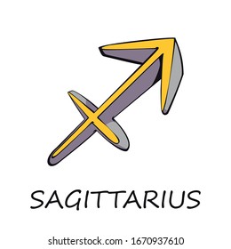 Sagittarius zodiac sign flat cartoon vector illustration. Celestial archer, fire horoscope symbol. Astrological monthly prediction object. Astrology chart yellow element. Isolated hand drawn item