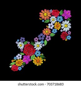 Sagittarius zodiac sign flower arrangement. Horoscope astrology fashion floral embroidery patch design template. Texture stitch effect. Textile print on black background vector illustration