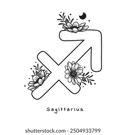 Sagittarius zodiac sign with flowers, stars and moon, vector art, white background