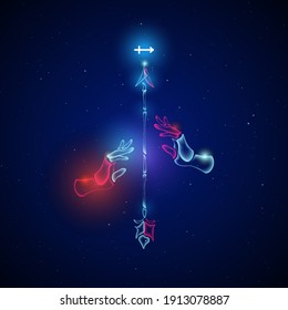 Sagittarius zodiac sign in futuristic art concept glows in the night sky with red and blue light on sparkling galaxy background