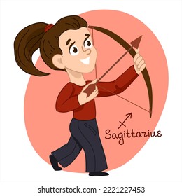Sagittarius zodiac sign. The girl shoots from a bow. Isolate vector illustration. Character Girl on a white background.  Hand drawn illustration.