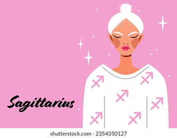 Sagittarius zodiac sign. Girl vector illustration. Astrology zodiac profile. Astrological sign as a beautiful woman. Future telling, horoscope, alchemy, spirituality, occultism, fashion