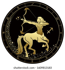 Sagittarius Zodiac Sign. Golden Circle On A Black Background. Vector Illustration.