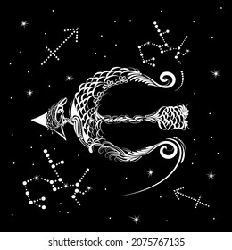 Sagittarius Zodiac sign. Horoscope constellation, stars.Black space with dots stars, shiny bokeh.Vector science background. Symbol, Astrology Illustration, Sagittarius silhouette