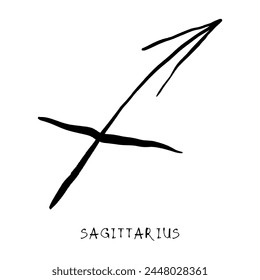 Sagittarius zodiac sign, horoscope, quirky hand darwn vector illustration, black line art, tattoo design