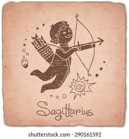 Sagittarius zodiac sign horoscope vintage card. Vector illustration.