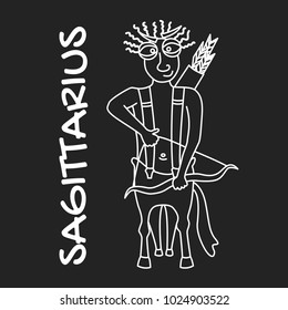 Sagittarius zodiac sign for horoscope, white on black background isolated, vector EPS8