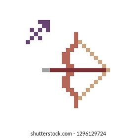 Sagittarius Zodiac sign icon, 8 bit pixel art bow and arrow isolated on white background. Astrological symbol. Esoteric science logo. Horoscope emblem.