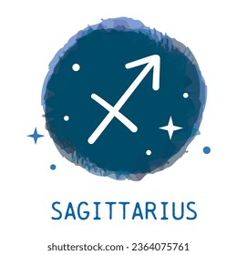 Sagittarius, zodiac sign icon with caption. Vector dark blue round icon.