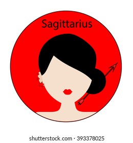 Sagittarius zodiac sign. Icon with fashionable woman face with trendy hairstyle. Red and black colors. Perfect for design.