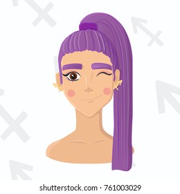 Sagittarius zodiac sign isolated on white background. Purple-haired girl with pony tail winking on astrology seamless background.