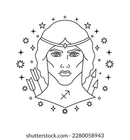 Sagittarius zodiac sign in line art style on white background.