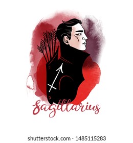 Sagittarius zodiac sign as man illustration.  Watercolor and sketch vector illustration