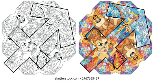 Sagittarius zodiac sign with mandala. Cute cartoon character retro zentangle stylized in vector for coloring