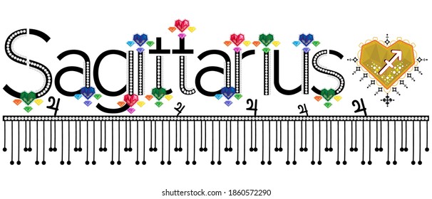 Sagittarius. Zodiac sign. Moon sign. Astrology sign gemstone label. Horoscope vector. Vedic sign title. Astrology sticker. Astronomy badge. Stock illustration. Lettering text. Gems and patterns.
