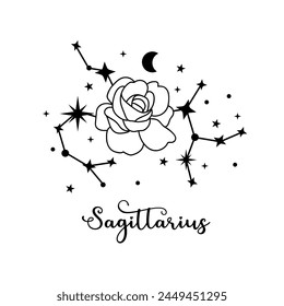 Sagittarius zodiac sign with moon, flower and stars. Celestial constellation 