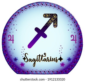 Sagittarius zodiac sign. Moon sign label. Astrology sign. Horoscope vector. Vedic sign title. Astrology sticker. Astronomy badge. Stock illustration. Purple magical globe. Stars and patterns.