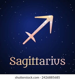 Sagittarius zodiac sign on dark blue starry sky. Sagittarius symbol. Astronomy, astrology, horoscope. Ninth zodiac sign - ruler planet Jupiter. Element - Fire. The Archer, Centaur. Vector illustration