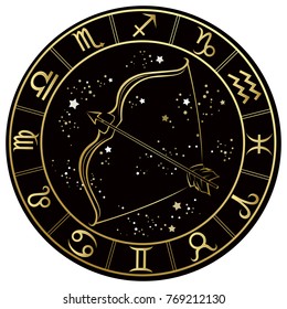 Sagittarius. Zodiac sign on a dark background in a gold frame with stars. Vector illustration.