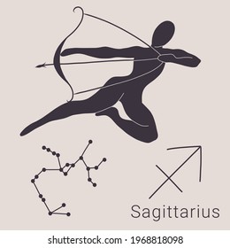 Sagittarius zodiac sign on the hand darwn illustration, vector signs, constellation