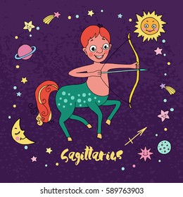 Sagittarius zodiac sign on night sky background with stars, sun, moon and planets. Design elements for calendars or cards. Vector illustration in cartoon style