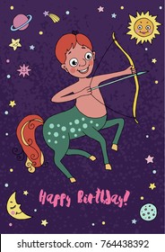 Sagittarius zodiac sign on night sky background with stars, sun, moon and planets. Cartoon illustration for calendars, greeting cards, birthday and other holiday