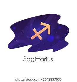 Sagittarius zodiac sign on starry sky. Horoscope symbol on space background. Vector astrological flat illustration. Modern celestial divination design element in decorative frame