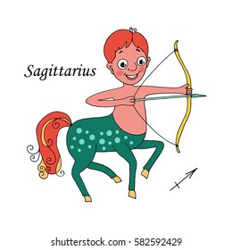 Sagittarius zodiac sign on white background. Design elements for calendars or cards. Vector illustration in cartoon style.
