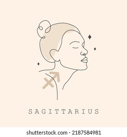 Sagittarius zodiac sign. One line drawing. Astrological icon with abstract woman face. Mystery and esoteric outline logo. Horoscope symbol. Linear vector illustration in minimalist style.