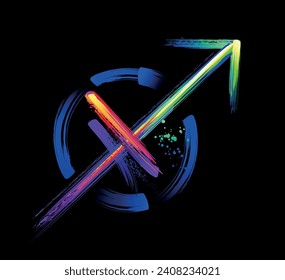 Sagittarius zodiac sign, painted with large strokes of rainbow, bright, multicolor, luminescent, neon paint on black background. Zodiac symbol. Hand drawn vector art.