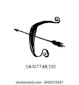 Sagittarius zodiac sign, quirky horoscope icon, hand drawn vector illustration, black line art, tattoo design