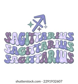 Sagittarius zodiac sign. Retro wavy text horoscope design.