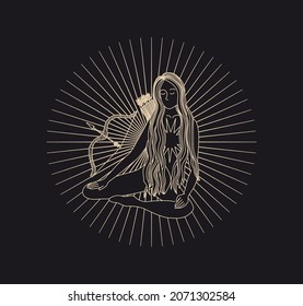 Sagittarius zodiac sign. Silhouette of the astrological sign of gold color on a dark background. Magic illustration. women. Girl with bow and arrow. Mythical drawing. Starry sky. Brave woman. 