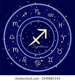 Sinal do zodíaco de Sagitário em um círculo estrelado, rodeado por todos os signos do zodíaco. Perfeito para temas de astrologia, horóscopos visuais e desenhos celestes. Fundo cósmico azul escuro.