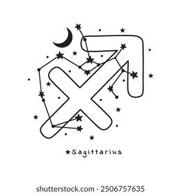 Sagittarius zodiac sign, stars, moon, on white background, boho vector art