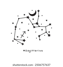 Sagittarius zodiac sign, stars, moon, on white background, boho vector art