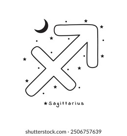 Signo del zodiaco de Sagitario, estrellas, luna, sobre fondo blanco, Arte vectorial boho