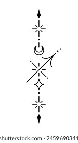 Signo del zodiaco de Sagitario y símbolo de tatuaje negro. Geometría sagrada horóscopo diseño de tatuaje, símbolo místico de constelación. Nuevo trabajo de punto de la escuela, arte de línea estilo minimalista tatuaje. Diseño boho.