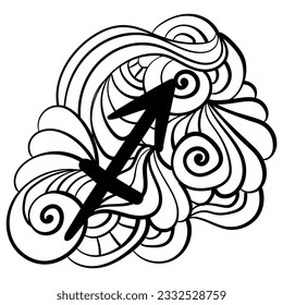 Sagittarius zodiac sign symbol, meditative ornate coloring page or design vector illustration