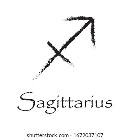 Sagittarius zodiac sign / symbol. Simple black illustration with Text and white background.