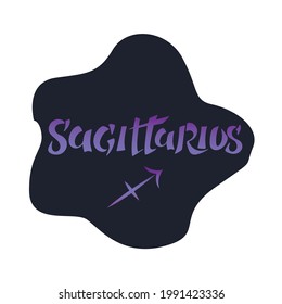 Sagittarius zodiac sign. Vector hand lettering. The purple gradient on the deep blue background. Calligraphy, astrology, astronomy, birth sign