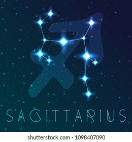 Sagittarius zodiac sign. Vector illustration with constellations and hand-drawn astronomical symbols. Shining stars in the night sky.