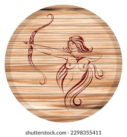 Sagittarius Zodiac Sign Vector Illustration. Sagittarius Horoscope Symbol On A Wooden Board
