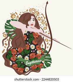 Sagittarius. Zodiac sign. Vector isolated composition with lettering on light background. Horoscope concept. Woman in a colorful dress with a bow in her hands